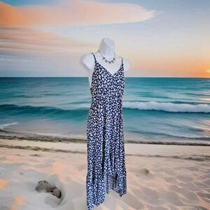 Pacific Vibes Maxi Dress L Blue Floral Sundress Adjustable Straps Hi Low Ruffle